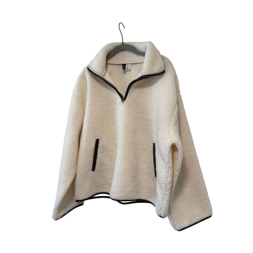 H&M Divided Teddy Fleece Pullover Medium Ivory Sherpa 1/4 Zip Cozy Jacket - Picture 5 of 9